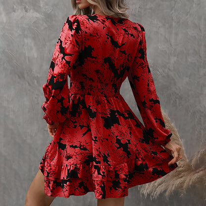 Women's Elegant Printed Lantern Sleeve A-Line Dress V-Neck, Ruffled Gathered Waist Detail, Flowy Midi Dress For Casual & Formal Occasions