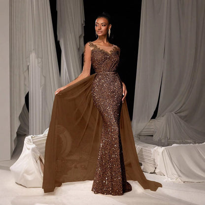 Women’s Lace Party Evening Dress – Long Sleeve Mid-Waist Maxi Gown