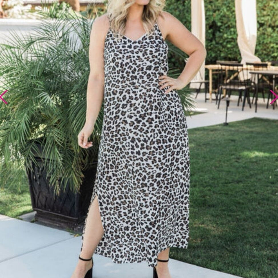 Printed Leopard Strap Long Slit Dress