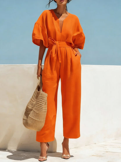 Fashionable V-Neck Cotton-Linen Jumpsuit for Women