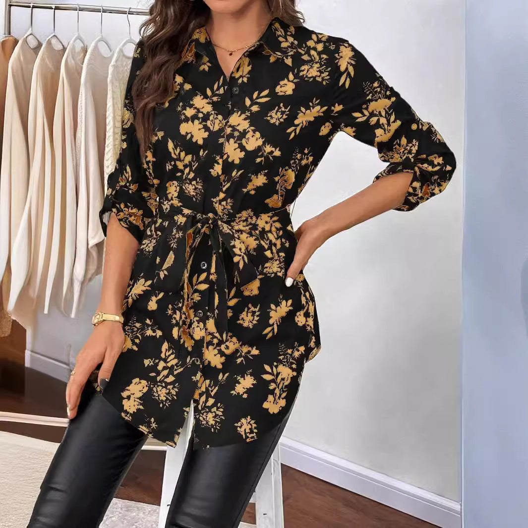Spring And Summer New Elegant Women's Floral Print Belt Long Sleeve Shirt