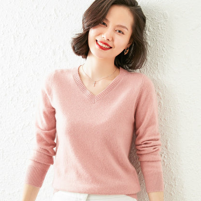 Women’s V-Neck Cashmere Sweater – Solid Color, All-Match Style
