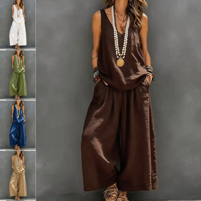 Women’s Cotton Linen Summer Co-Ord Set – Sleeveless Tank & Wide-Leg Pants (Breathable Casual Outfit)