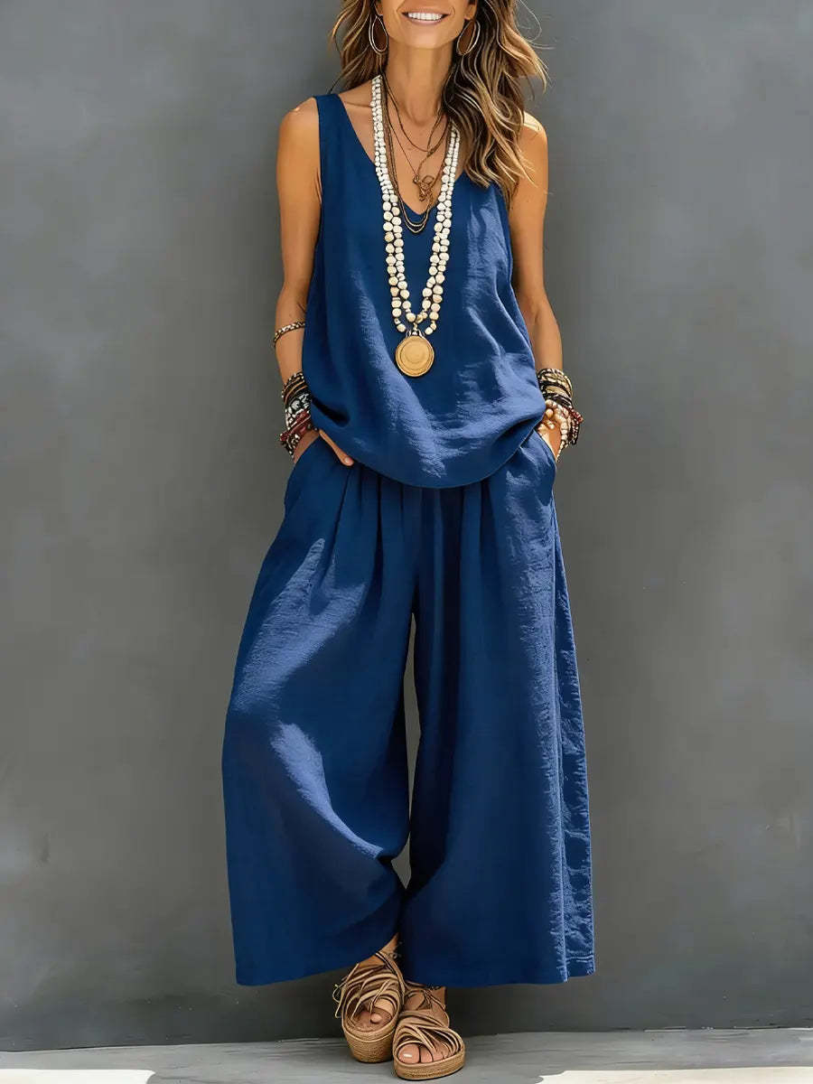 Women’s Cotton Linen Summer Co-Ord Set – Sleeveless Tank & Wide-Leg Pants (Breathable Casual Outfit)