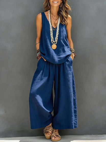 Women’s Cotton Linen Summer Co-Ord Set – Sleeveless Tank & Wide-Leg Pants (Breathable Casual Outfit)