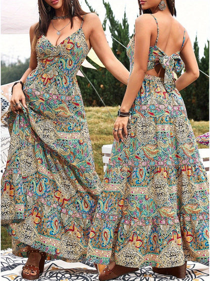 Women's Summer V-Neck Paisley Print Vacation Dress - Sexy Open Back Bowknot Flowy Maxi Party Dress