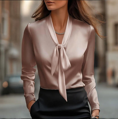 Women’s Elegant Satin Blouse with Ribbon Tie – Long Sleeve Button-Down Office Shirt | Business Casual Silk-Look Top