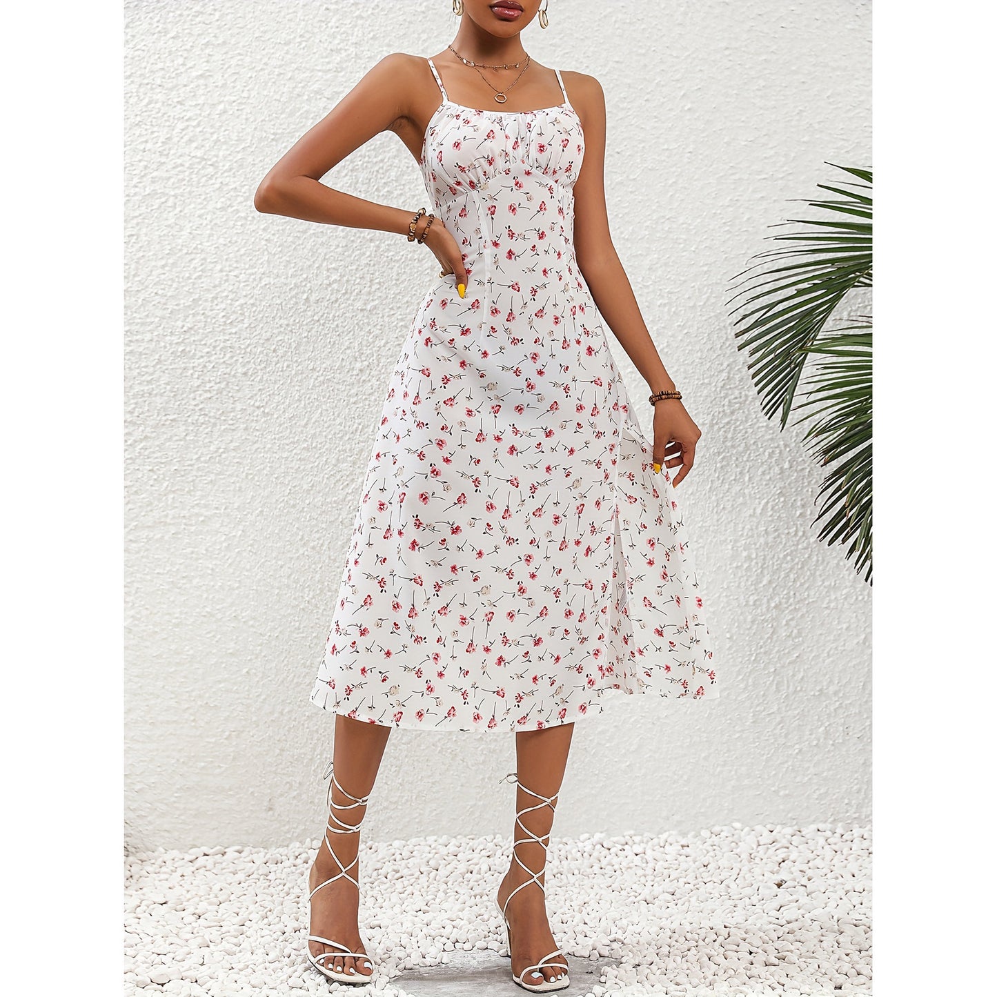 Women's Summer Polka Dot Slit Suspender Dress - Sexy Long Dress