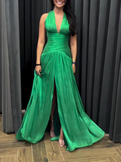 Emerald Green Pleated Maxi Gown with Plunging Neckline & Side Slit