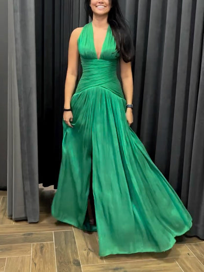 Emerald Green Pleated Maxi Gown with Plunging Neckline & Side Slit