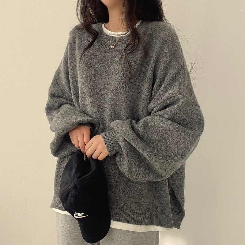 Temperament Crew Neck Pullover Lantern Sleeve Sweater for Women