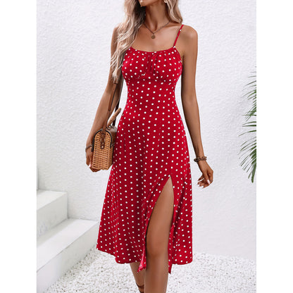 Women's Summer Polka Dot Slit Suspender Dress - Sexy Long Dress