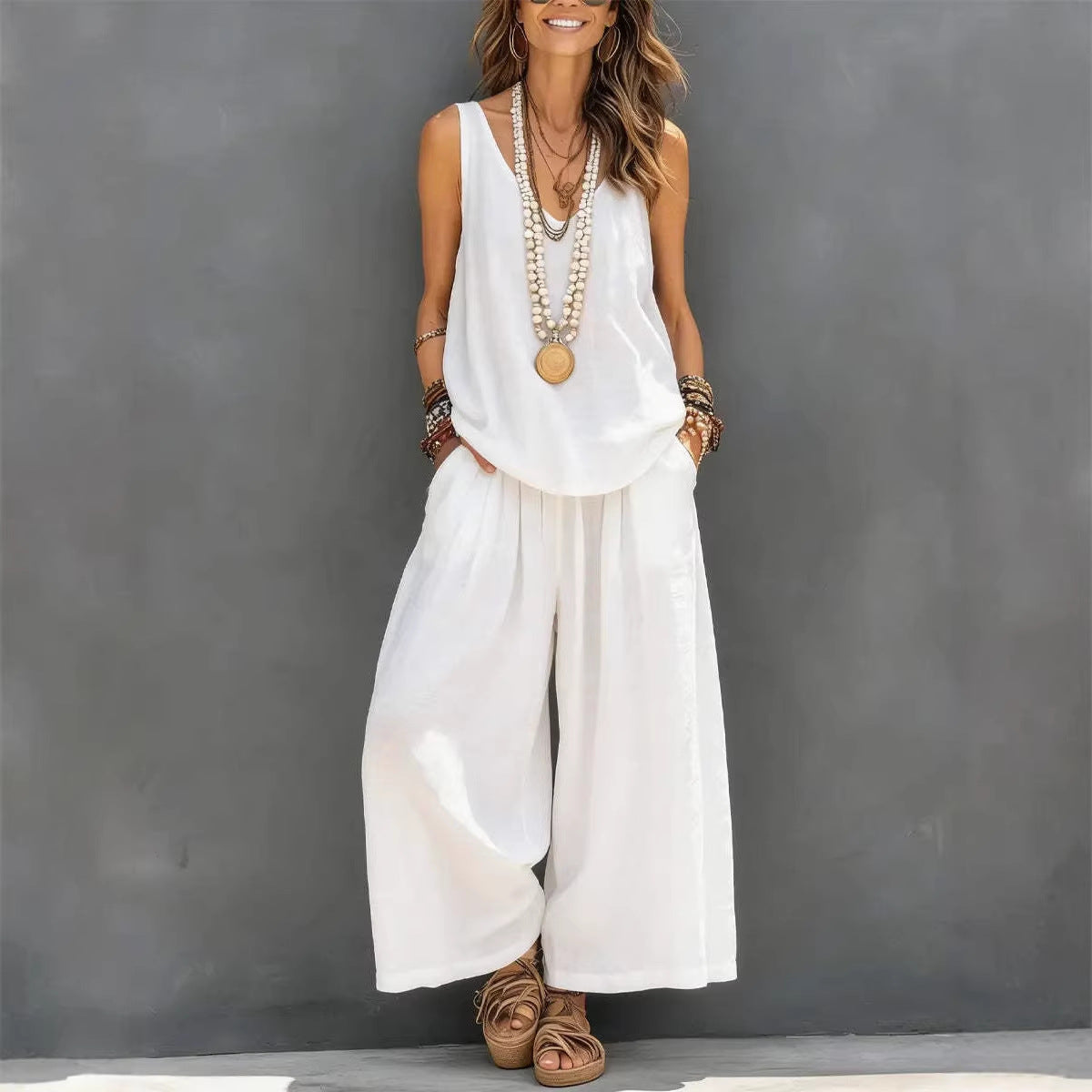 Women’s Cotton Linen Summer Co-Ord Set – Sleeveless Tank & Wide-Leg Pants (Breathable Casual Outfit)