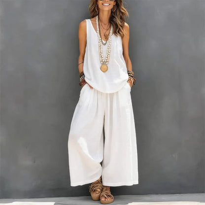 Women’s Cotton Linen Summer Co-Ord Set – Sleeveless Tank & Wide-Leg Pants (Breathable Casual Outfit)