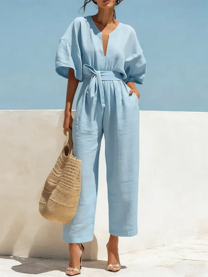 Fashionable V-Neck Cotton-Linen Jumpsuit for Women