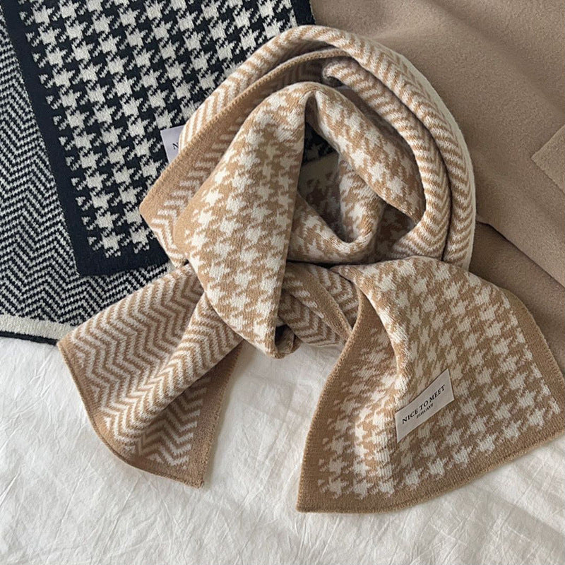 Houndstooth And Wave Pattern Print Scarf Women's Winter Korean Style Fashion Versatile Knitted Double-sided Warm Woolen Scarf - myETYN