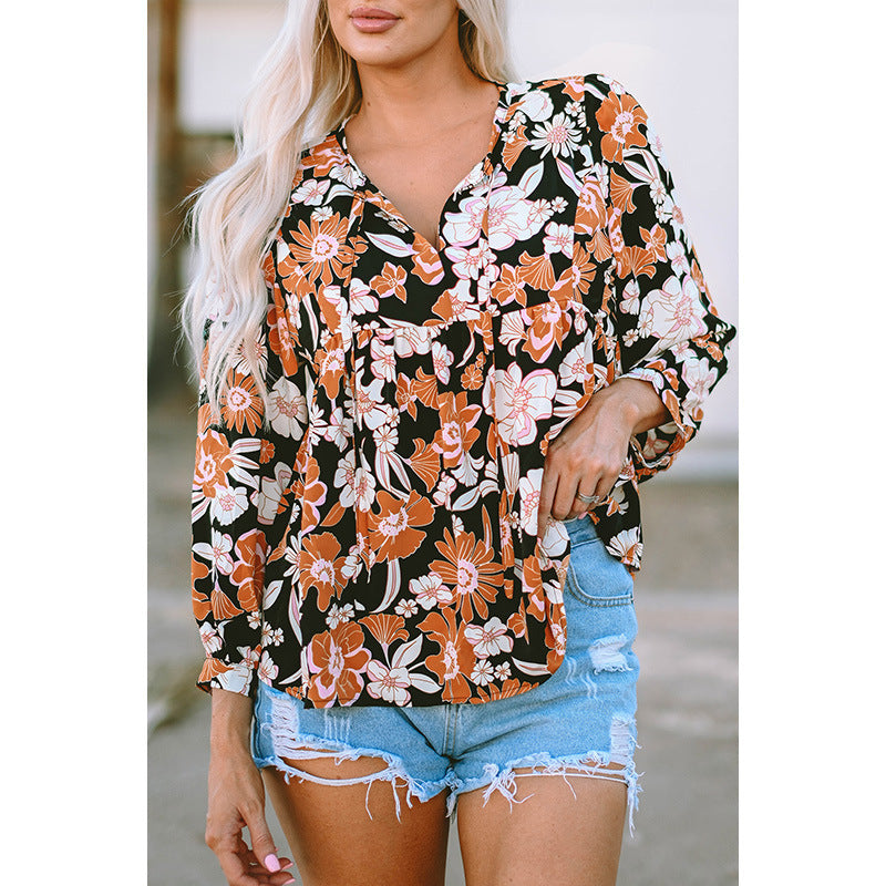 Women's Floral Print Lace Casual Style Pullover Shirt