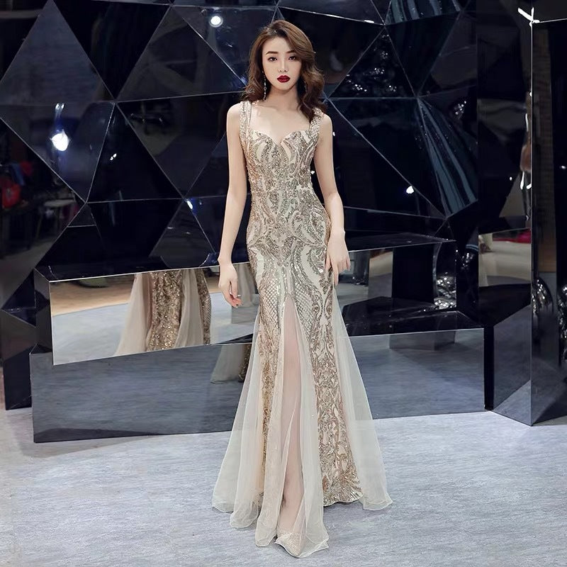 Elegant Fishtail Sequin Sling Evening Gown for Banquets