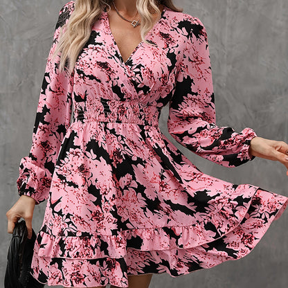 Women's Elegant Printed Lantern Sleeve A-Line Dress V-Neck, Ruffled Gathered Waist Detail, Flowy Midi Dress For Casual & Formal Occasions