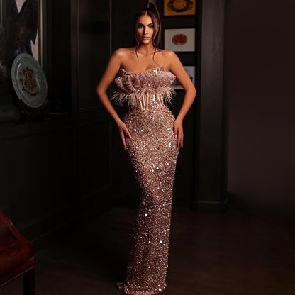 Feather Beaded Sequined Cutout Mesh Strapless Dress