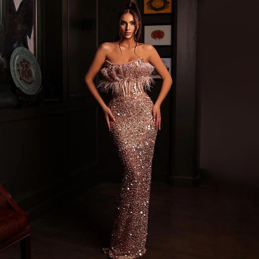 Feather Beaded Sequined Cutout Mesh Strapless Dress