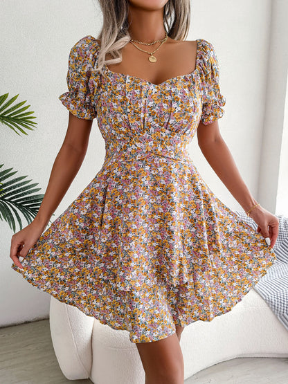 Elegant Floral Lace-up Waist-controlled Large Hem Dress