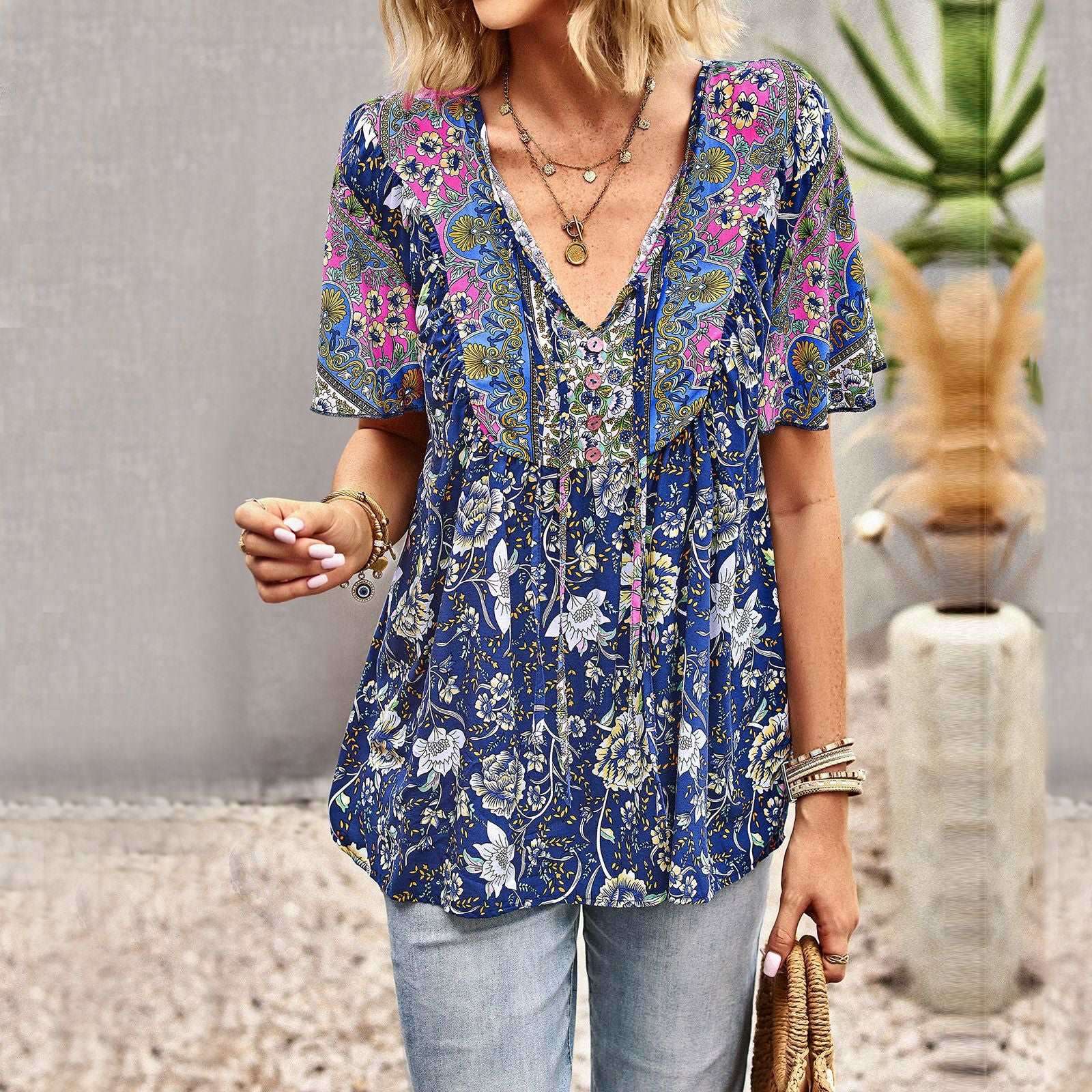 Asian Printed Shirt Women's Commuter Casual Collar Top myETYN