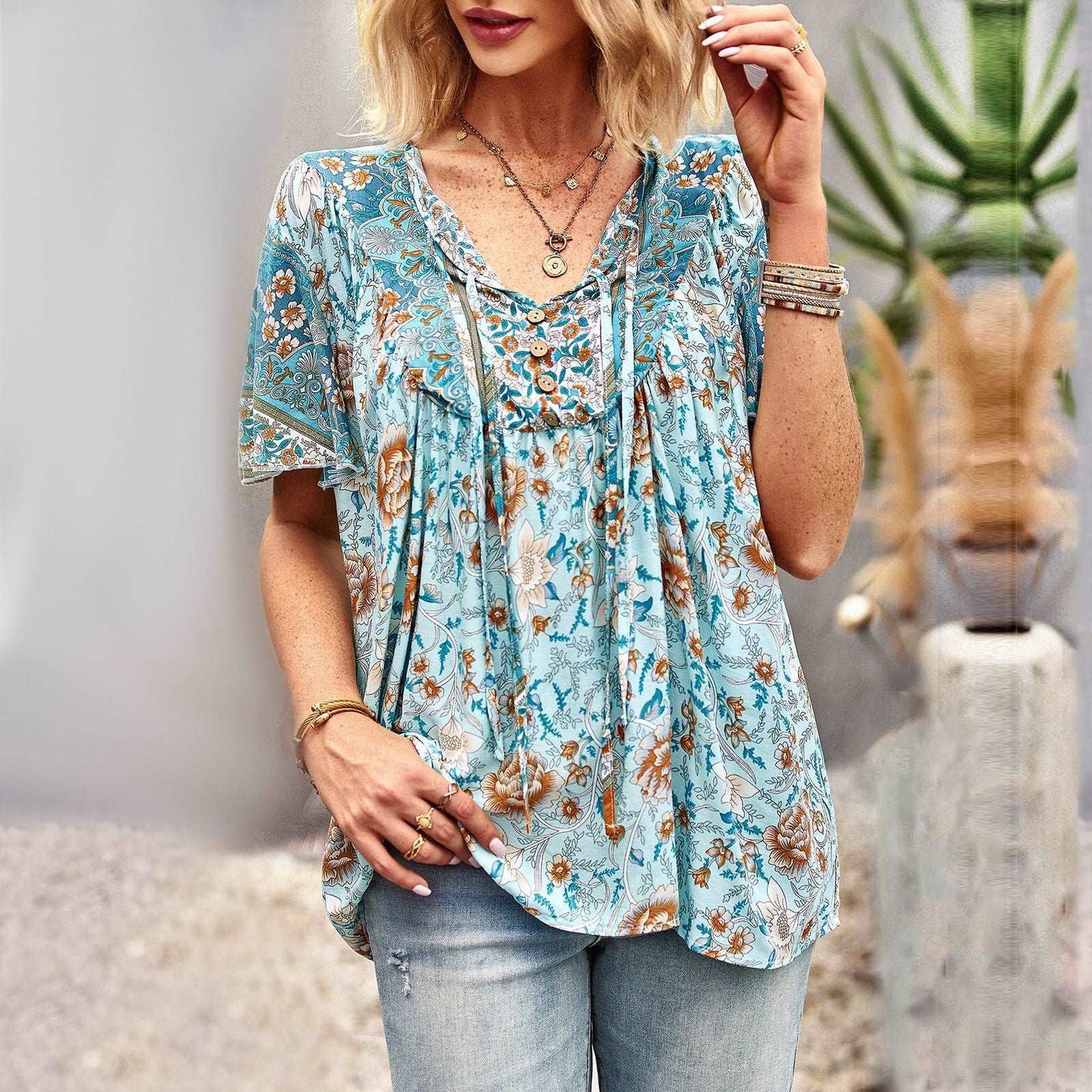 Asian Printed Shirt Women's Commuter Casual Collar Top myETYN