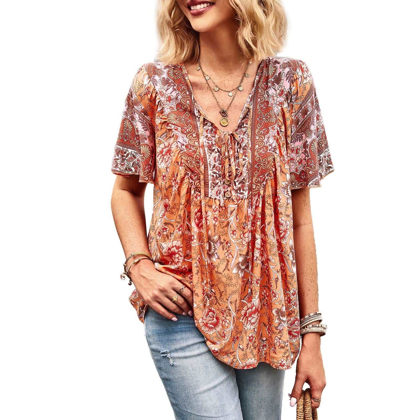 Asian Printed Shirt Women's Commuter Casual Collar Top myETYN