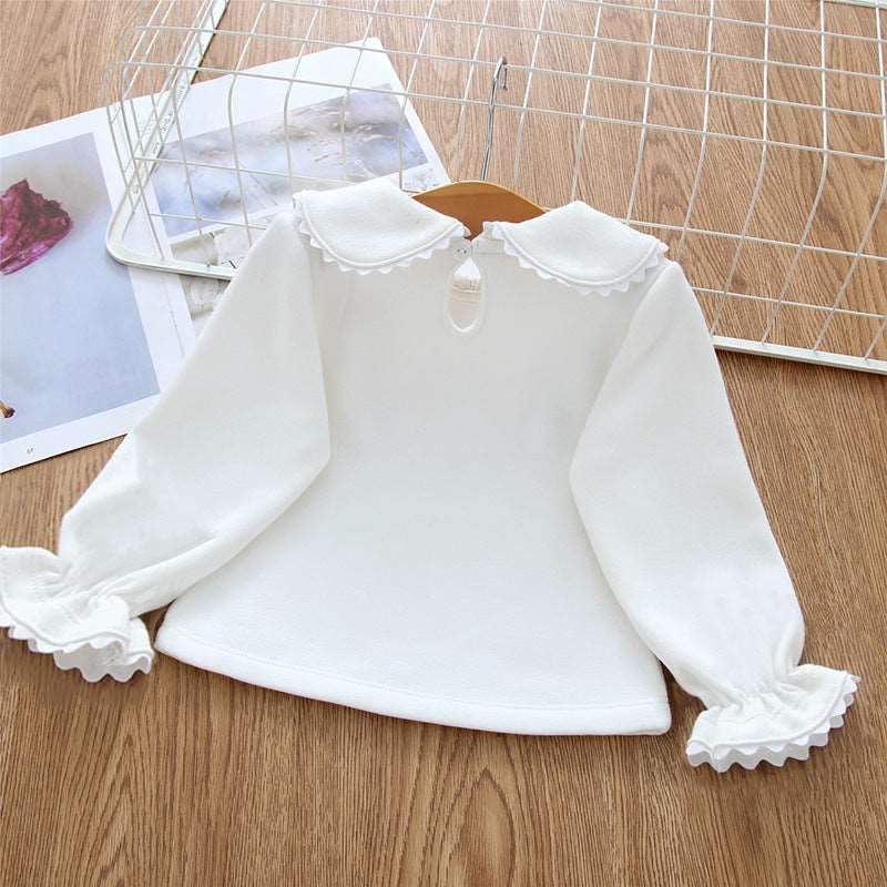 Baby Fleece-lined Long-sleeved Bottoming Shirt Lace Doll Collar Beige T-shirt Autumn And Winter myETYN