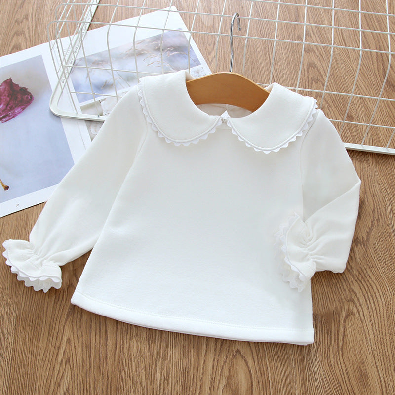 Baby Fleece-lined Long-sleeved Bottoming Shirt Lace Doll Collar Beige T-shirt Autumn And Winter myETYN