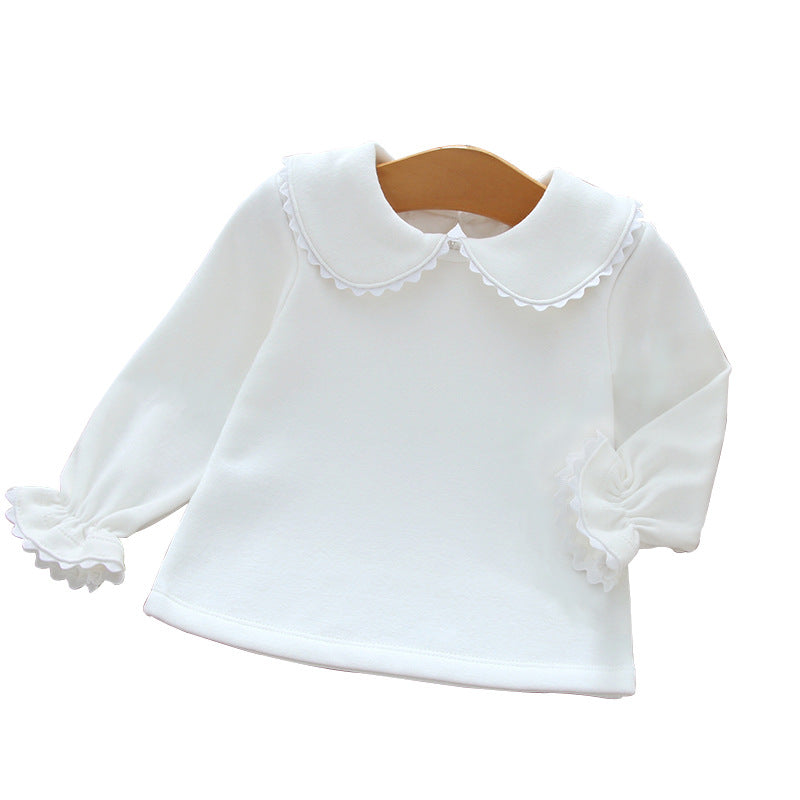 Baby Fleece-lined Long-sleeved Bottoming Shirt Lace Doll Collar Beige T-shirt Autumn And Winter myETYN