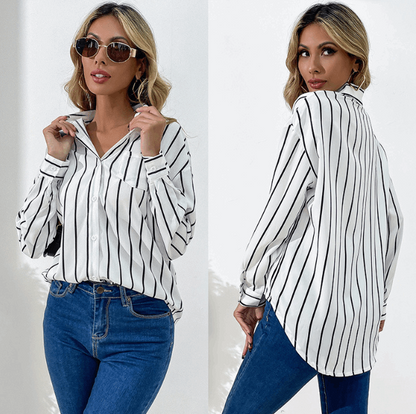 Business Wear Women's Loose Lapels White Striped Shirt myETYN