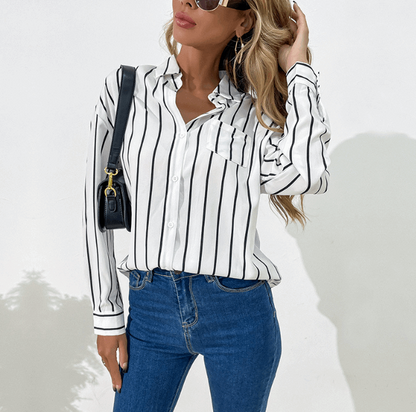 Business Wear Women's Loose Lapels White Striped Shirt myETYN