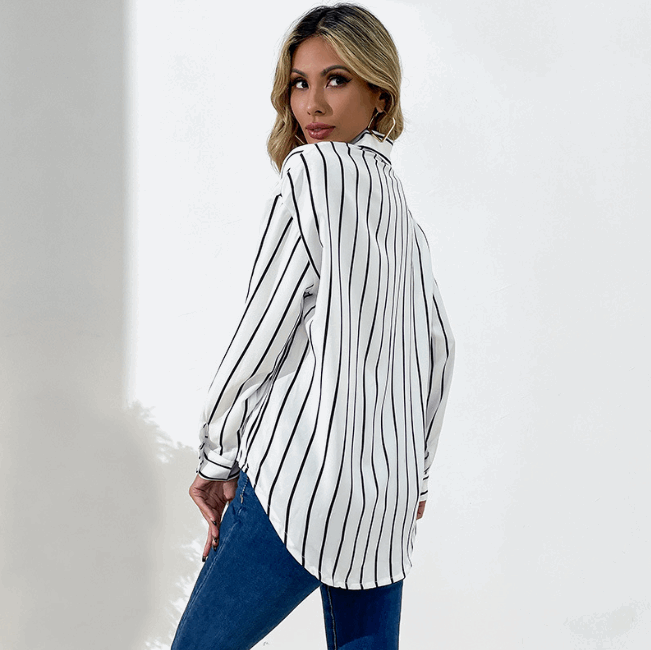 Business Wear Women's Loose Lapels White Striped Shirt myETYN