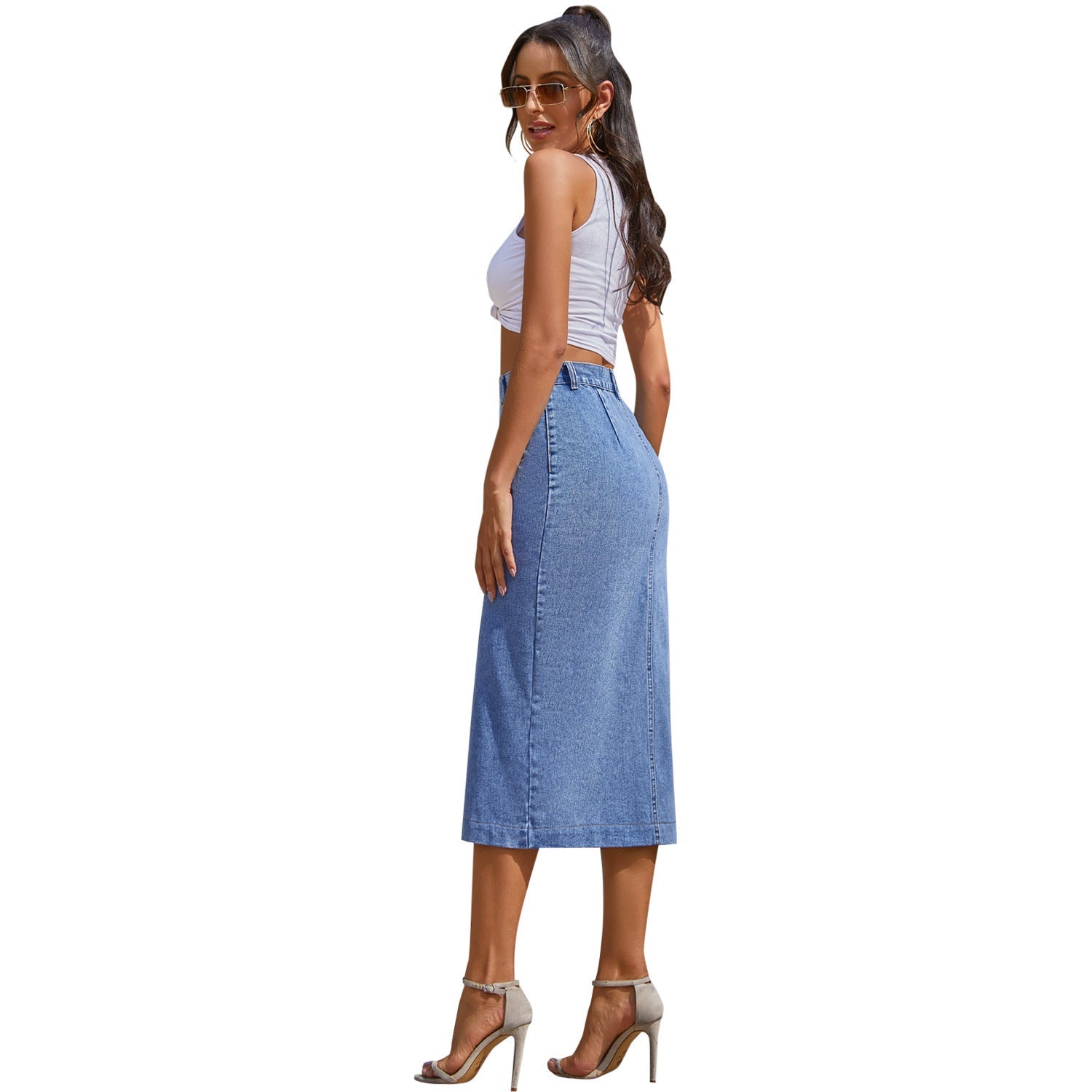 Button Irregular Slit denim High Waist Skirt myETYN