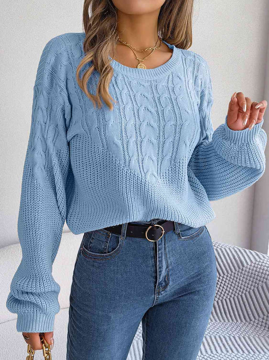 Cable-Knit Round Neck Drop Shoulder Sweater myETYN