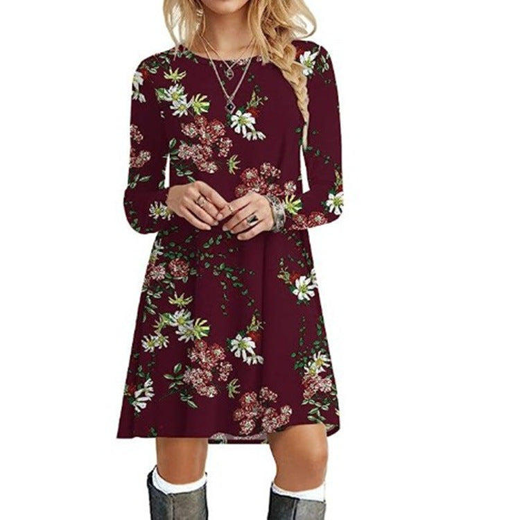 Casual Floral Print Round Neck Long Sleeve Holiday Dress myETYN