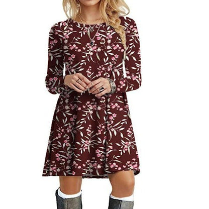 Casual Floral Print Round Neck Long Sleeve Holiday Dress myETYN