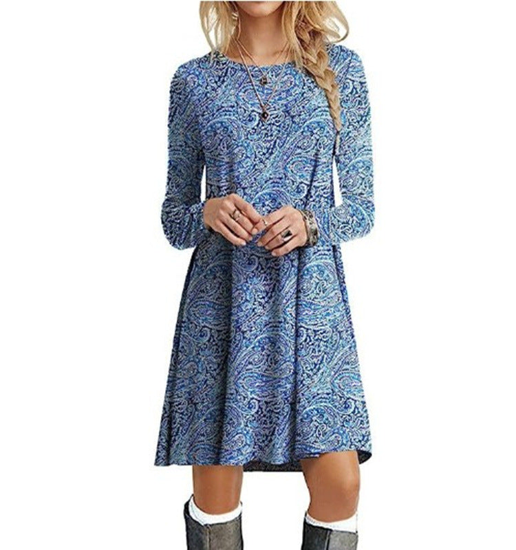 Casual Floral Print Round Neck Long Sleeve Holiday Dress myETYN