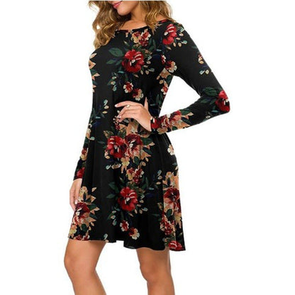 Casual Floral Print Round Neck Long Sleeve Holiday Dress myETYN