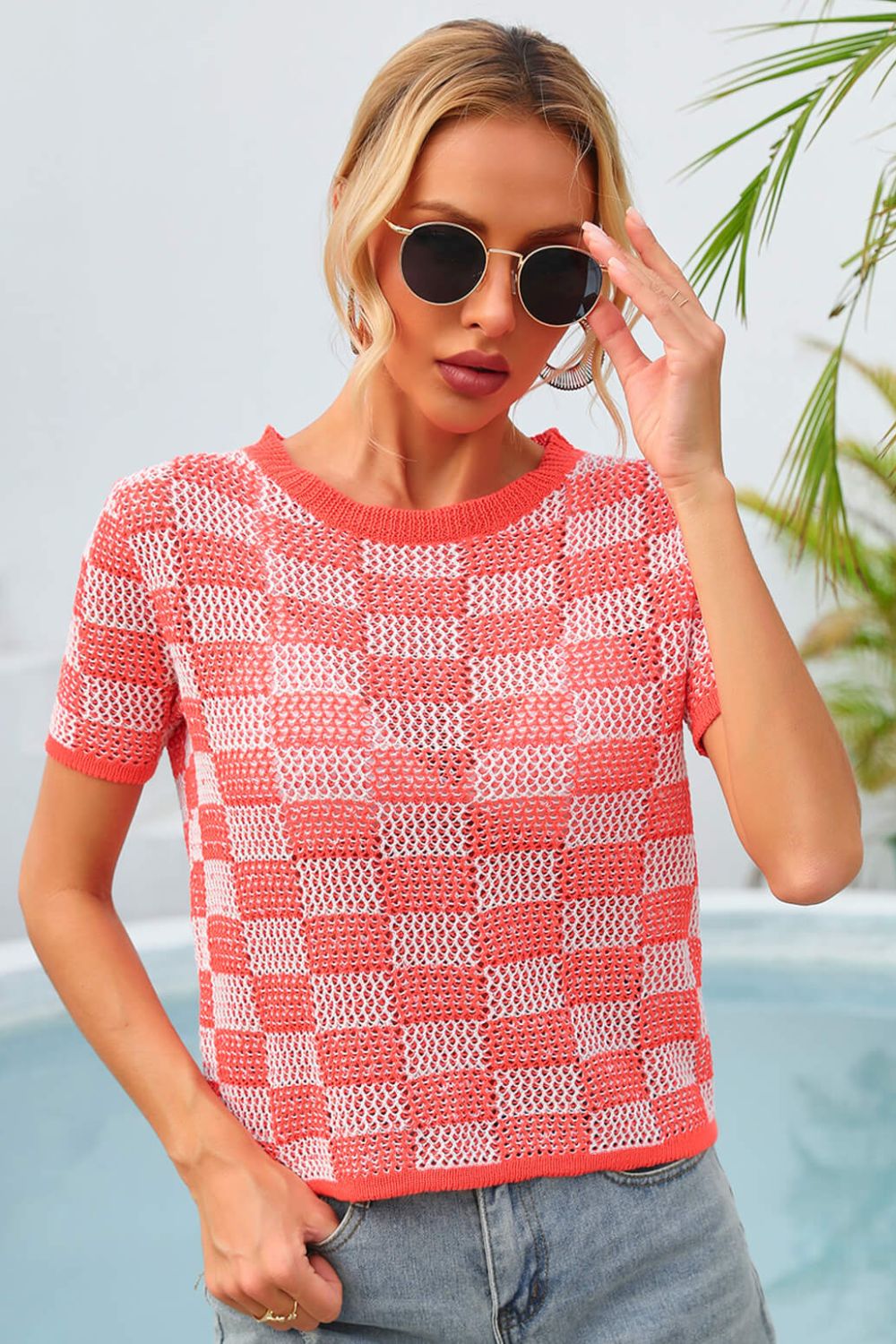 Checkered Short Sleeve Knit Top myETYN