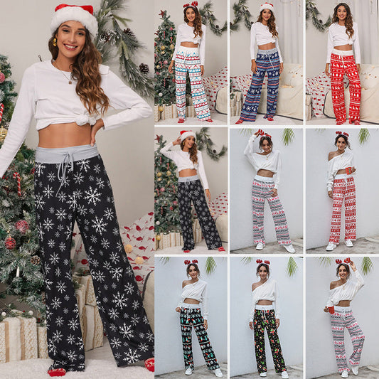 Christmas Print Pants Women Fashion Casual Drawstring Trousers With Christmas Snowflake Tree Elk Print myETYN