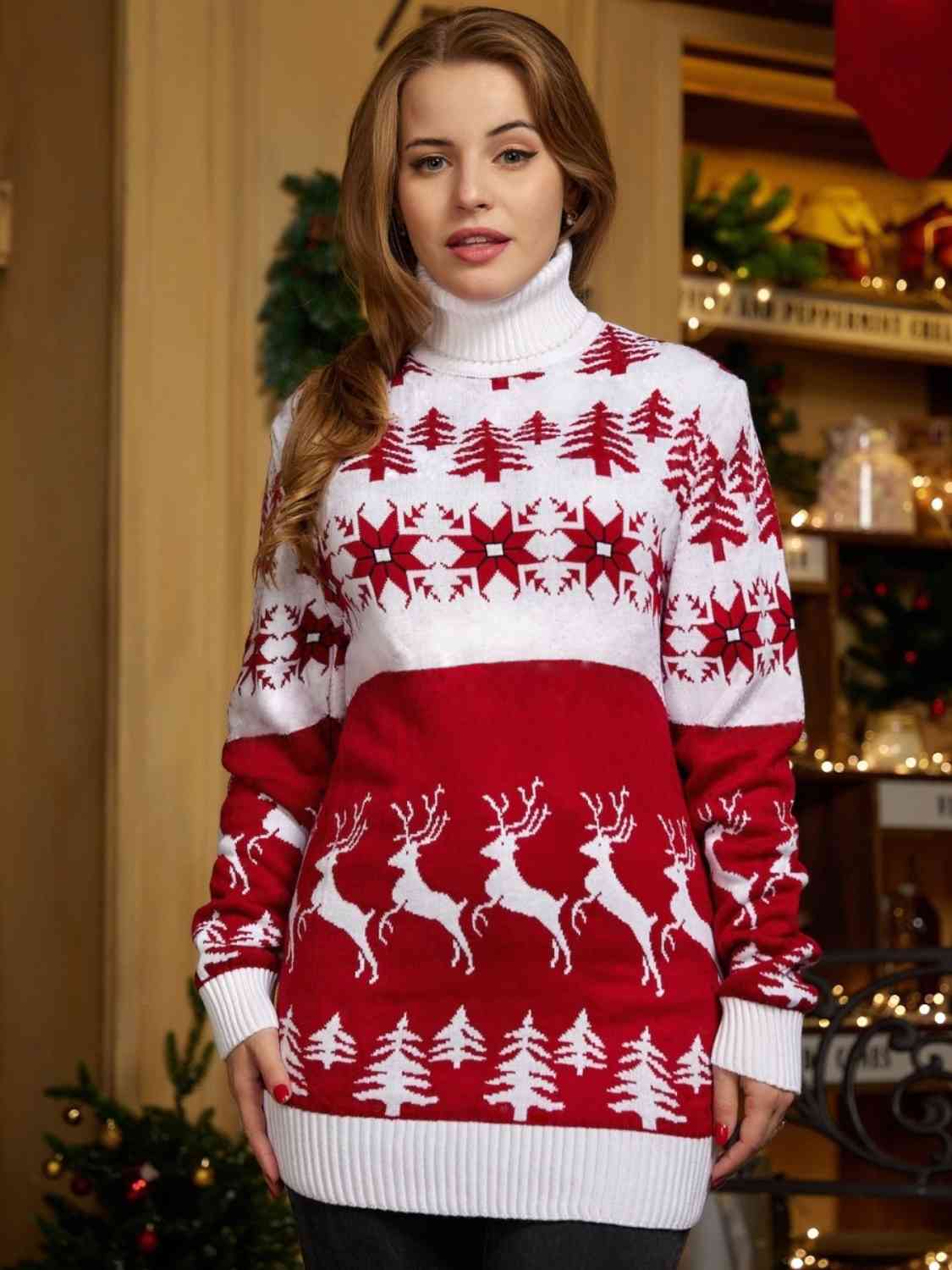 Christmas Turtleneck Ribbed Trim Sweater myETYN