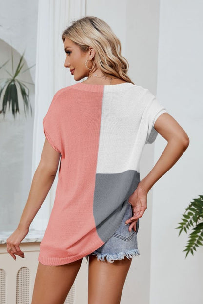 Color Block V-Neck Knit Top myETYN