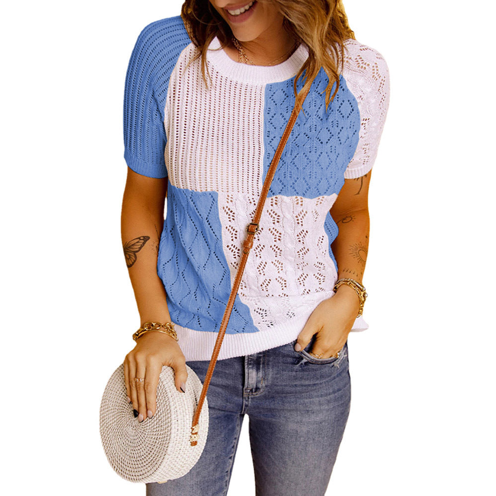 Color-Blocked Knitted Short-Sleeve T-shirt Top myETYN