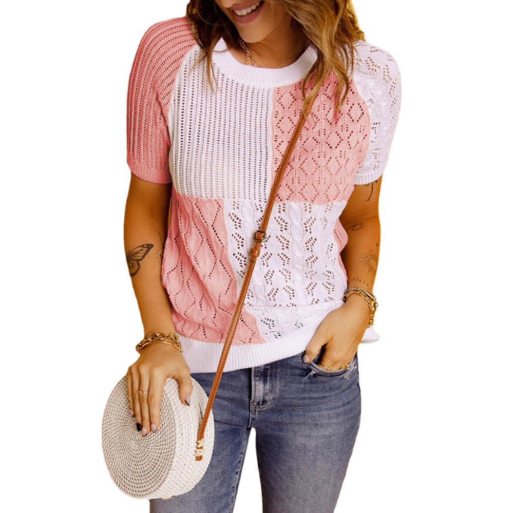 Color-Blocked Knitted Short-Sleeve T-shirt Top myETYN