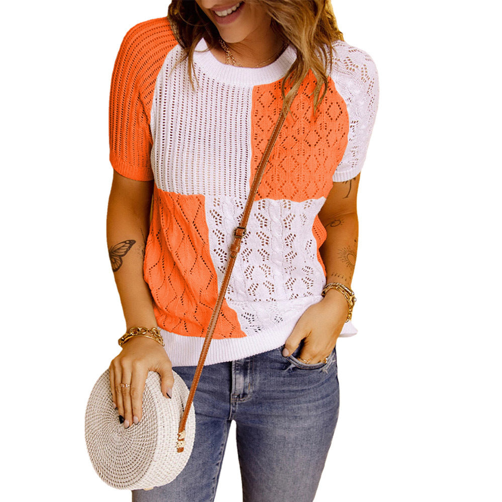 Color-Blocked Knitted Short-Sleeve T-shirt Top myETYN