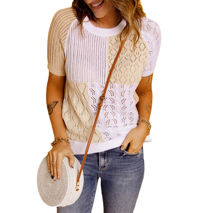 Color-Blocked Knitted Short-Sleeve T-shirt Top myETYN