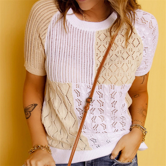 Color-Blocked Knitted Short-Sleeve T-shirt Top myETYN
